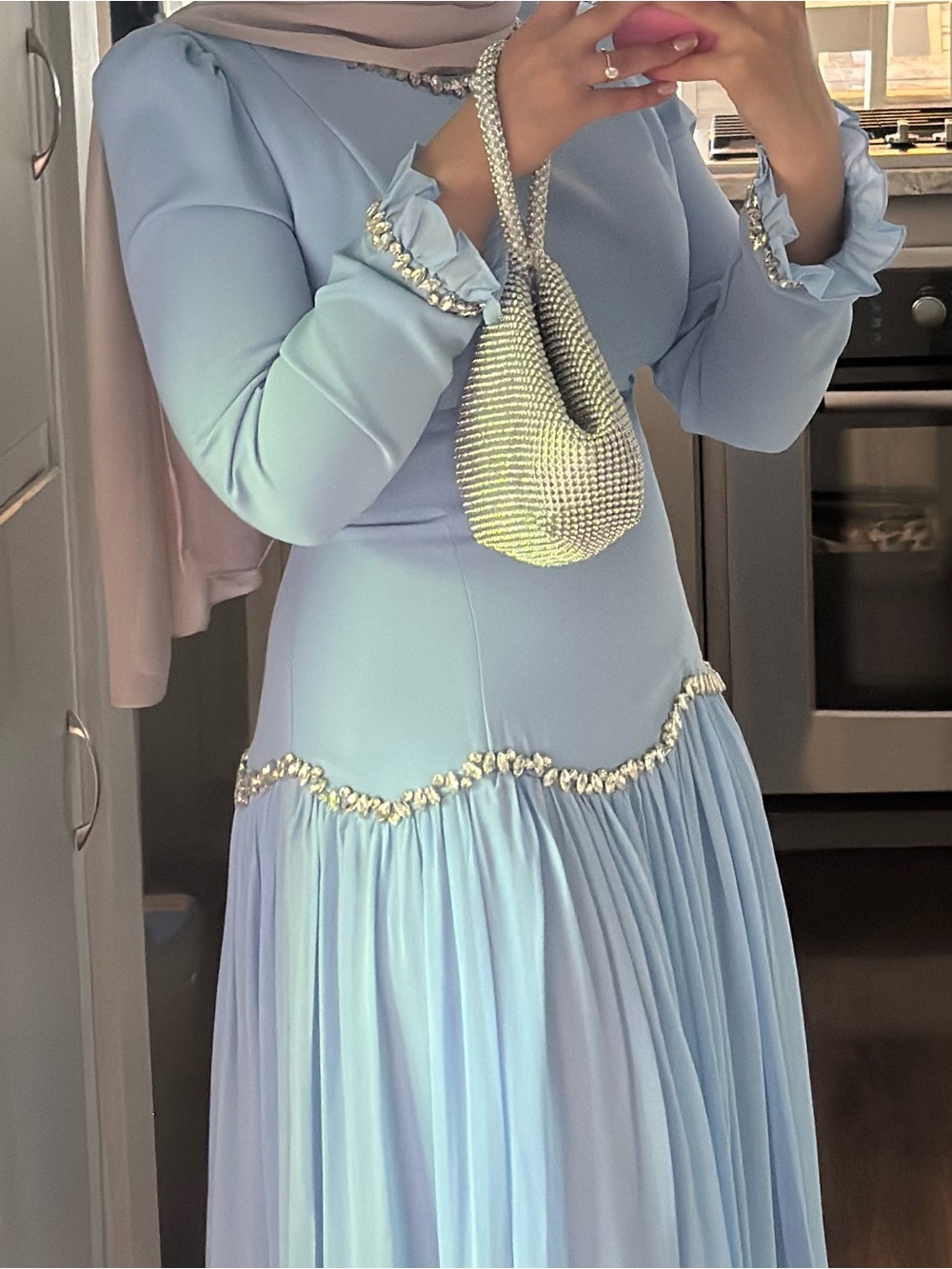 Elegant Light Blue Modest Pleated Maxi Dress